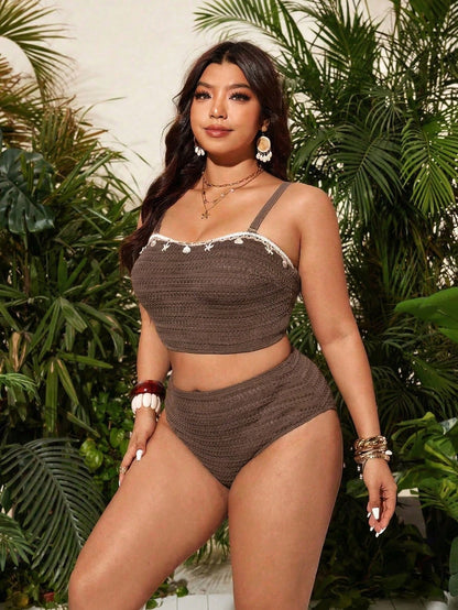 Swim Lushoire Plus Size Women's Swimwear, Special Fabric Shell Decor Bandeau High Waist Split Bikini, Retro Beach Vacation Style