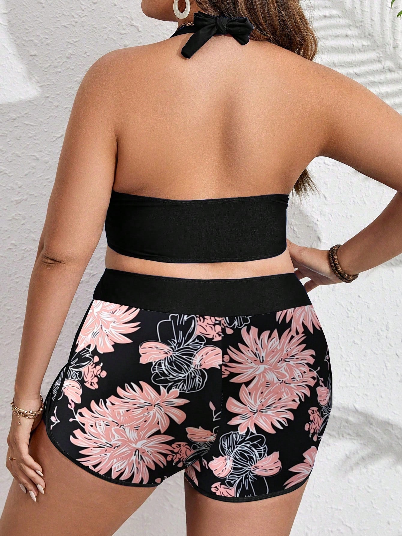 Swim Lushoire Plus Size Women Tropical Plant Print Halter Neck Split Bikini Set Summer