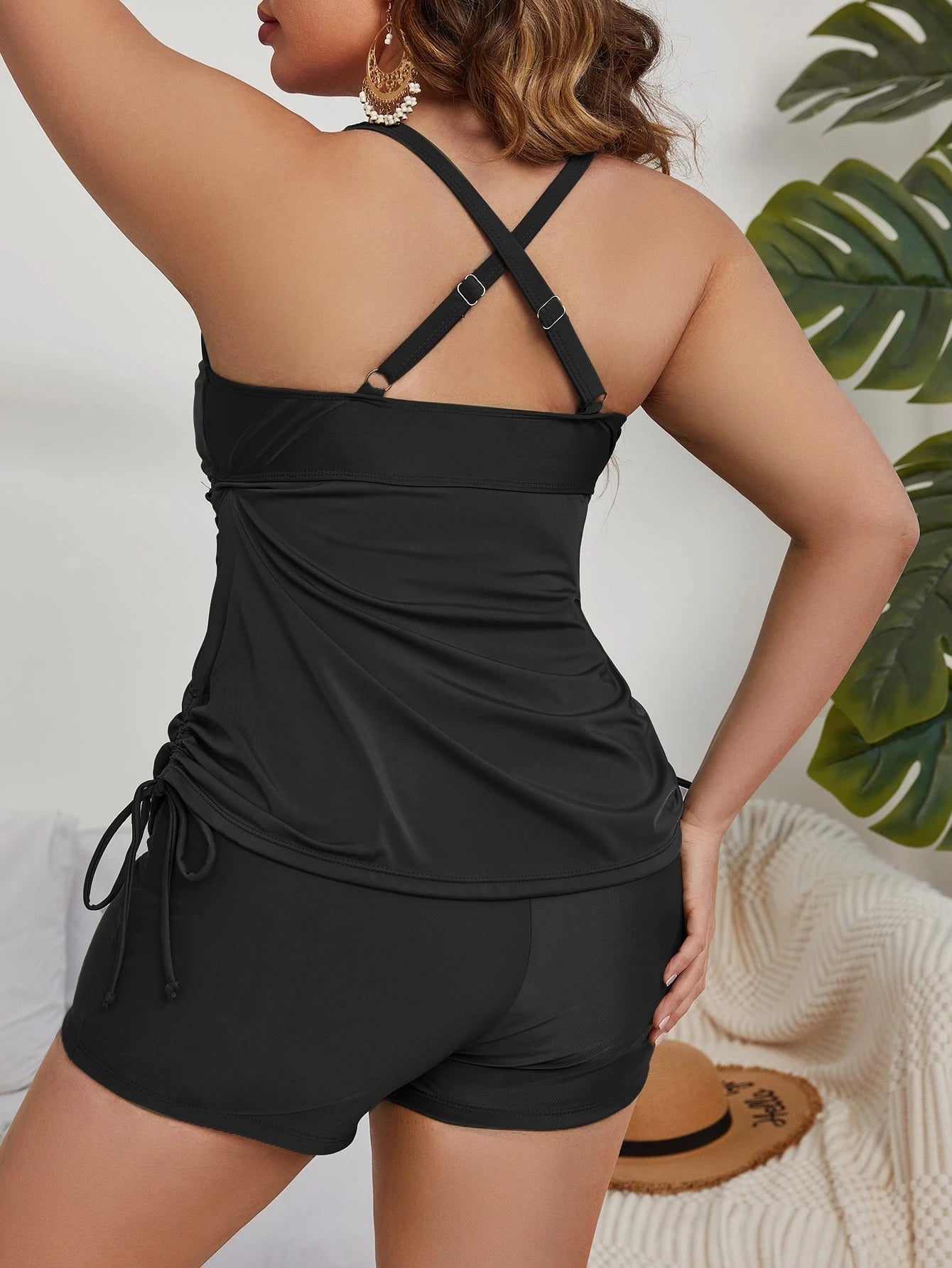 Swim Lushoire Plus Summer Beach Solid Tankini Set Drawstring Side Adjustable Strap Cami Top & Bikini Shorts 2 Piece Bathing Suit
