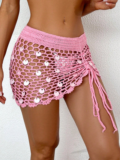 Swim Lushoire Sequin Decor Hollow-Out Coverup Cover Up & Sweet Mini Skirt Set For Summer Beach Vacation