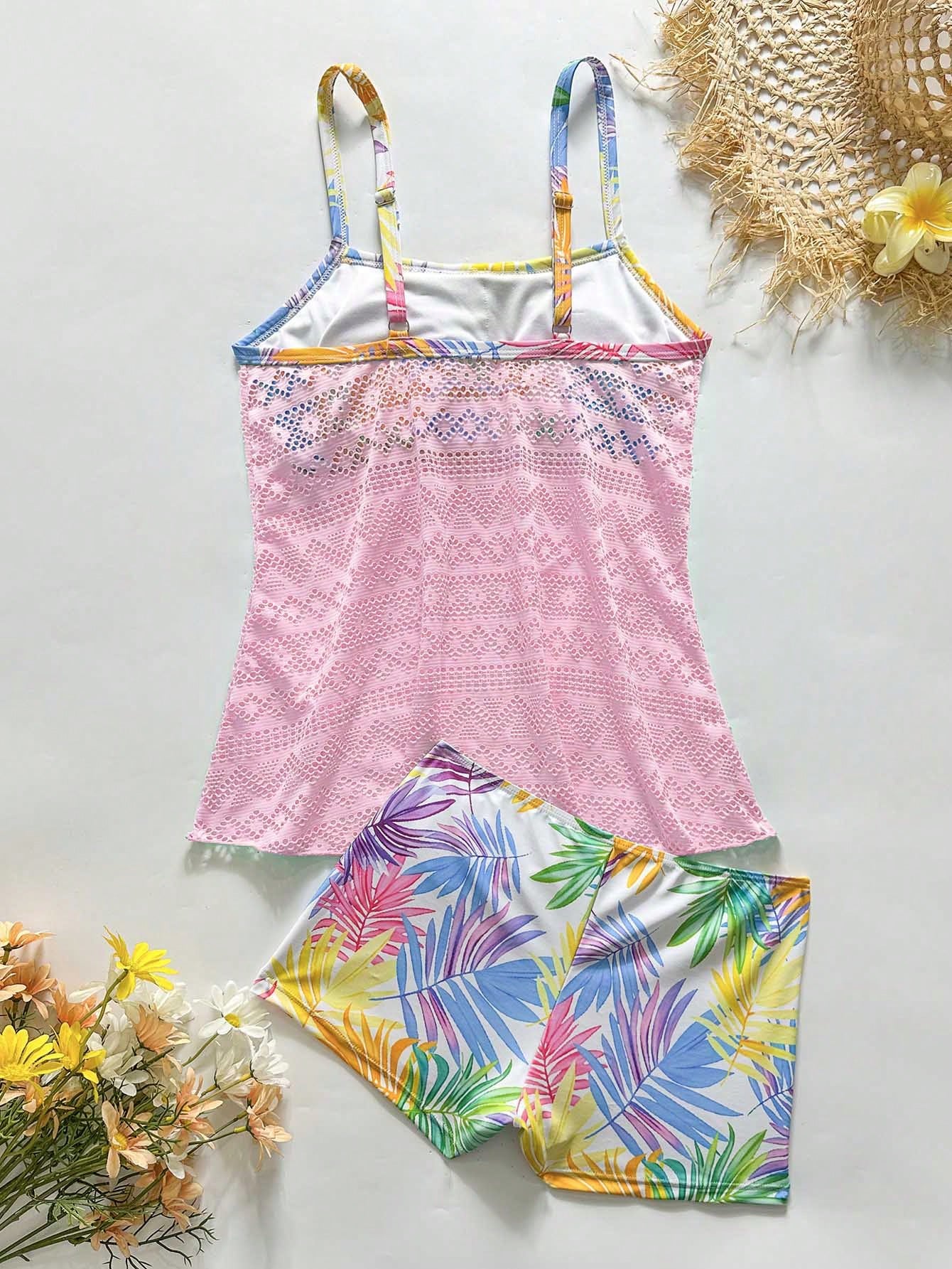 Swim Lushoire Spring/Summer New Hollow Patchwork Printed Tankini Set With Camisole And Tankini Bottoms Vacation Pool Party Hot Pink White Tropical