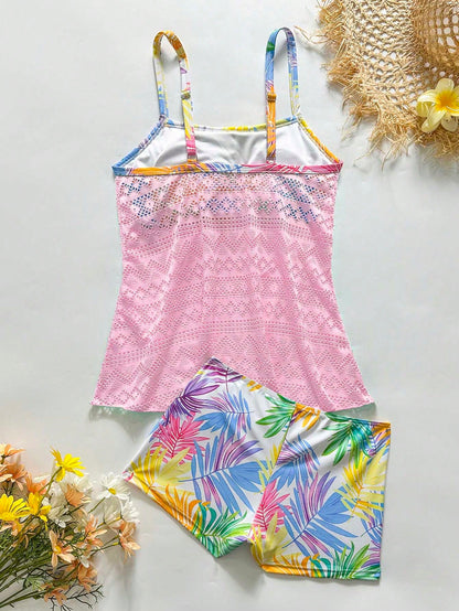 Swim Lushoire Spring/Summer New Hollow Patchwork Printed Tankini Set With Camisole And Tankini Bottoms Vacation Pool Party Hot Pink White Tropical