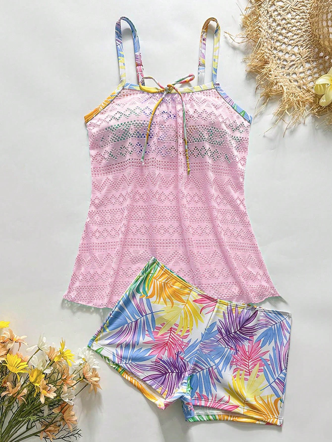 Swim Lushoire Spring/Summer New Hollow Patchwork Printed Tankini Set With Camisole And Tankini Bottoms Vacation Pool Party Hot Pink White Tropical