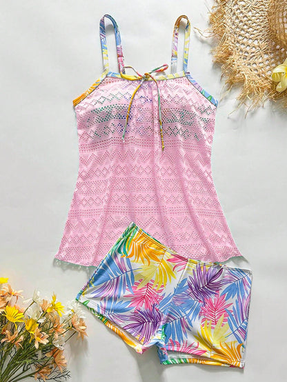 Swim Lushoire Spring/Summer New Hollow Patchwork Printed Tankini Set With Camisole And Tankini Bottoms Vacation Pool Party Hot Pink White Tropical