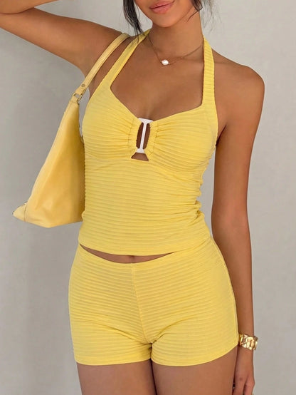 Swim Lushoire Springbreak Women's New Beach Elegant Camisole Bikini 2 Pieces Set, Basic Crop Top, Textured Striped Fabric High Waist Bikini Set