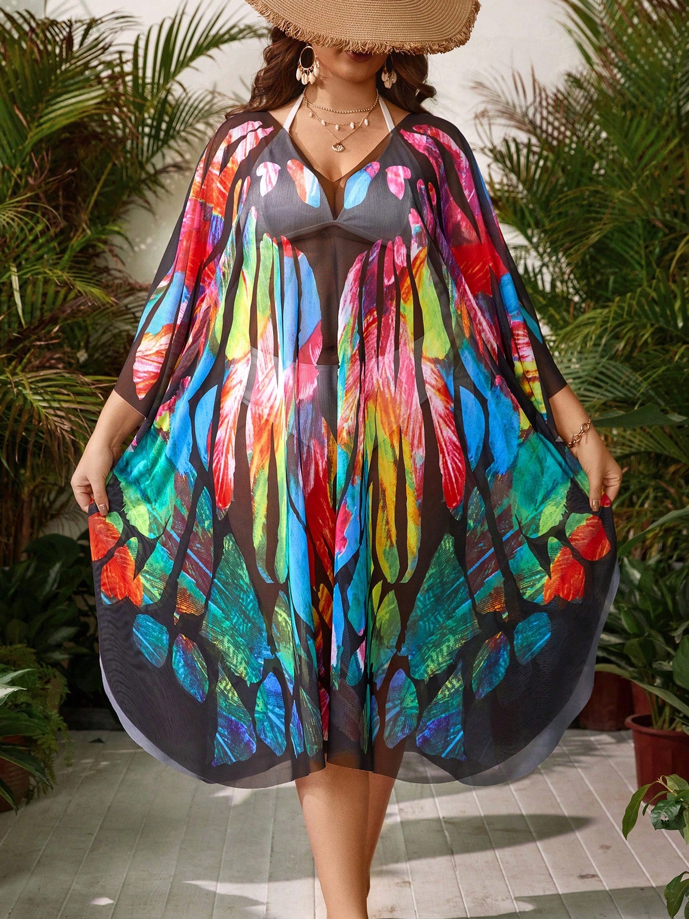 Swim Lushoire Summer Beach Butterfly Printed Plus Size V-Neck Cover Up