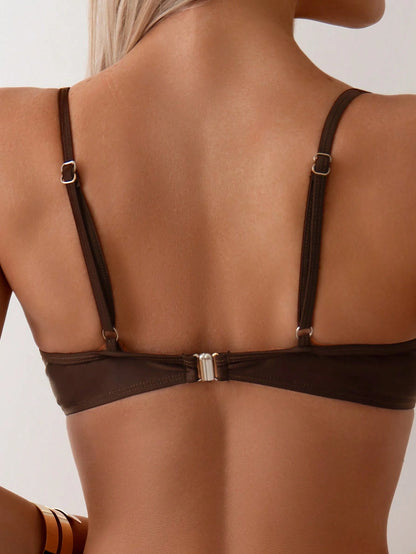 Swim Lushoire Summer Beach Non-Push Up Underwire Solid Color Two-Piece Bikini Set Bathing Suit