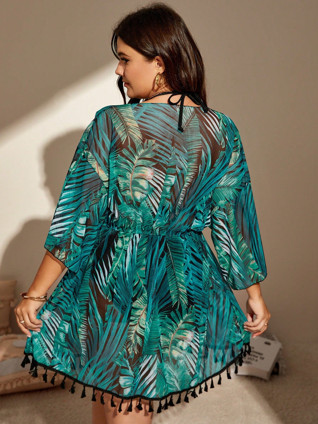 Swim Lushoire Summer Beach Plus Tropical Print Tie Waist Kimono