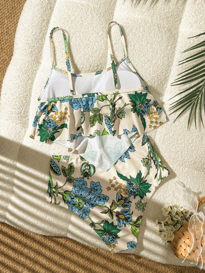 Swim Lushoire Summer Beach Women's Mono Color Tassel Hem Cami Bikini Set With Printed Underwear & Waistband Tankini Swimsuitswimwear For Ladies