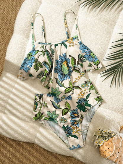 Swim Lushoire Summer Beach Women's Mono Color Tassel Hem Cami Bikini Set With Printed Underwear & Waistband Tankini Swimsuitswimwear For Ladies