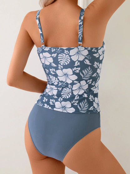 Swim Lushoire Summer Women's V-Neck Flower Print Slimming Beach Holiday Camisole Spaghetti Strap Top Bikini