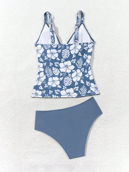 Swim Lushoire Summer Women's V-Neck Flower Print Slimming Beach Holiday Camisole Spaghetti Strap Top Bikini