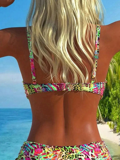 Swim Lushoire Tropical Floral Print Spaghetti Strap Ruched Bust Bikini Top Green Summer Casual Holiday Vacation Push Up Bathing Suit Swimsuits For Women Beach