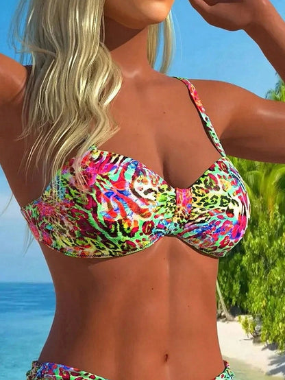 Swim Lushoire Tropical Floral Print Spaghetti Strap Ruched Bust Bikini Top Green Summer Casual Holiday Vacation Push Up Bathing Suit Swimsuits For Women Beach