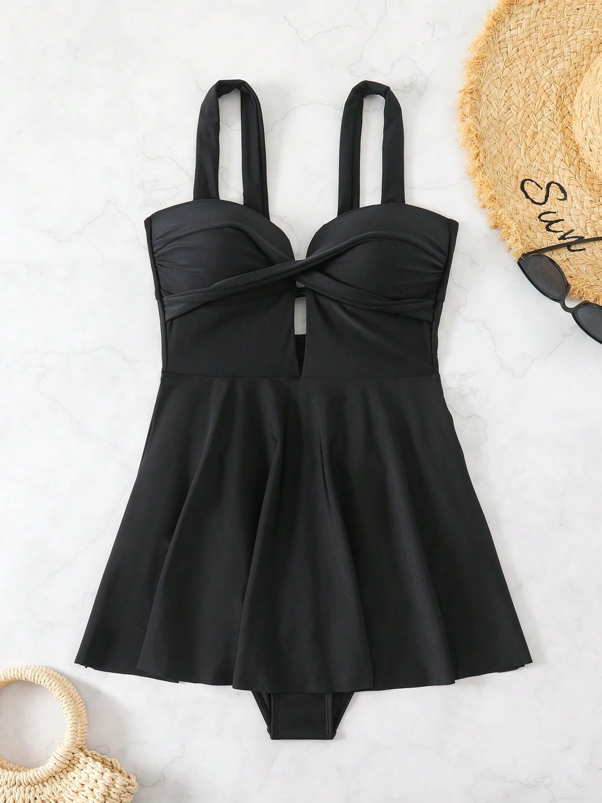 Swim Lushoire Women Beach Dress, Solid Cross Wrap Ruched Tummy Control Hollow Shoulder Elegant Swimwear For Summer Beach Vacation