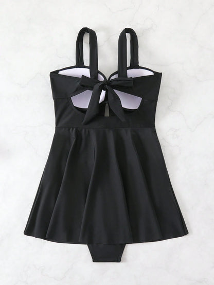 Swim Lushoire Women Beach Dress, Solid Cross Wrap Ruched Tummy Control Hollow Shoulder Elegant Swimwear For Summer Beach Vacation