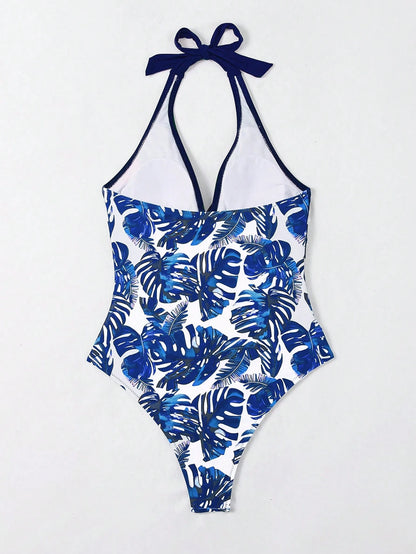 Swim Lushoire Women Floral Print Backless Halter One-Piece Swimsuit, Random Print For Summer Beach Vacation