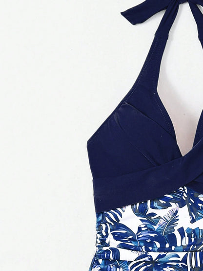 Swim Lushoire Women Floral Print Backless Halter One-Piece Swimsuit, Random Print For Summer Beach Vacation