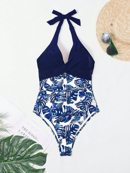 Swim Lushoire Women Floral Print Backless Halter One-Piece Swimsuit, Random Print For Summer Beach Vacation