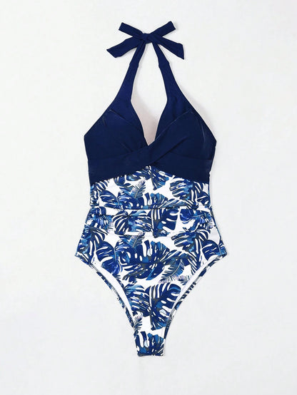 Swim Lushoire Women Floral Print Backless Halter One-Piece Swimsuit, Random Print For Summer Beach Vacation