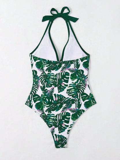 Swim Lushoire Women Floral Print Backless Halter One-Piece Swimsuit, Random Print For Summer Beach Vacation