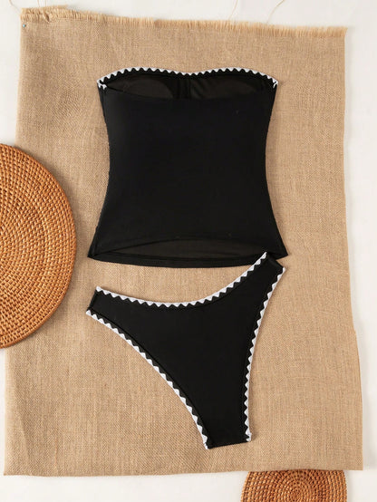 Swim Lushoire Women's Black Leopard Print Patchwork Spaghetti Strap Top And Triangle Bottoms, Summer Beach Camisole And Bikini 2-Piece Set