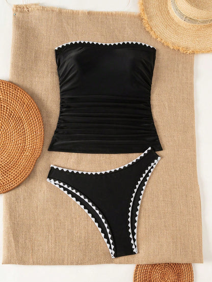 Swim Lushoire Women's Black Leopard Print Patchwork Spaghetti Strap Top And Triangle Bottoms, Summer Beach Camisole And Bikini 2-Piece Set