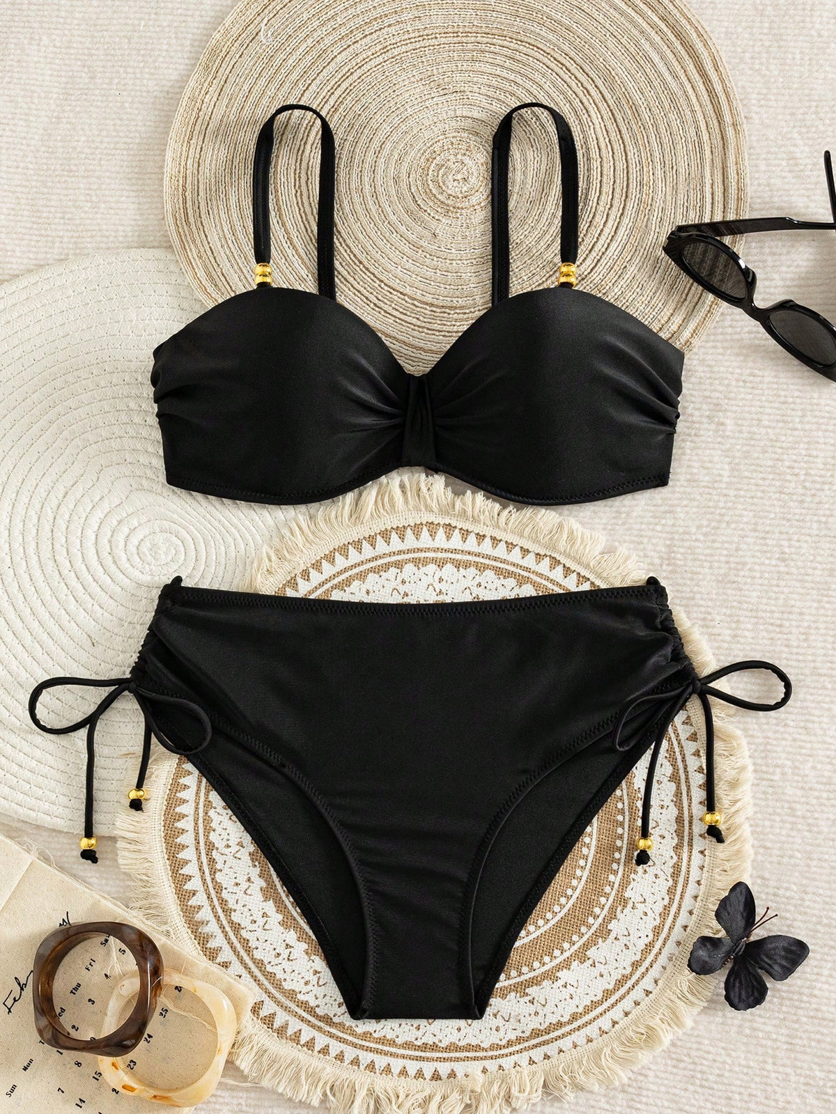 Swim Lushoire Women's New Special Fabric Beaded Trim Swimsuit Set