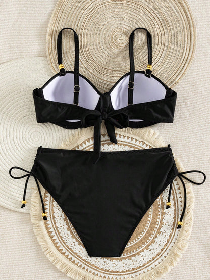Swim Lushoire Women's New Special Fabric Beaded Trim Swimsuit Set