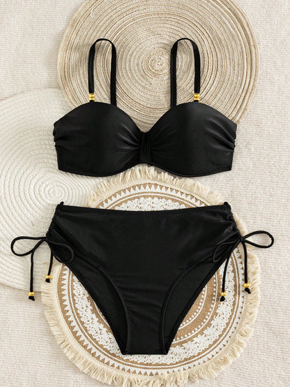 Swim Lushoire Women's New Special Fabric Beaded Trim Swimsuit Set