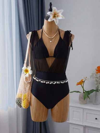 Swim Lushoire Women's Solid Color Casual Vacation One-Piece Swimsuit