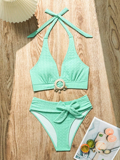 Swim Lushoire Women's Solid Color Halter Neck Bikini Set,Mint Green 2 Pieces Summer Casual Holiday Vacation Swimwear For Beach