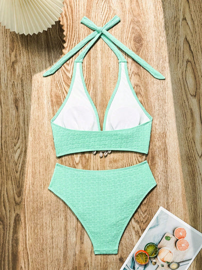 Swim Lushoire Women's Solid Color Halter Neck Bikini Set,Mint Green 2 Pieces Summer Casual Holiday Vacation Swimwear For Beach