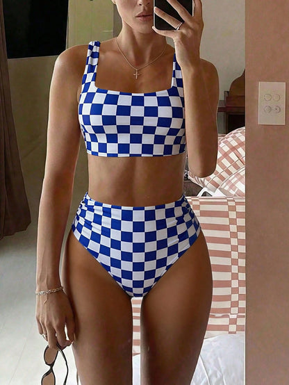 Swim Lushoire Women's Summer Beach Checkerboard Print Casual Bikini Swimwear Set Blue And White Striped