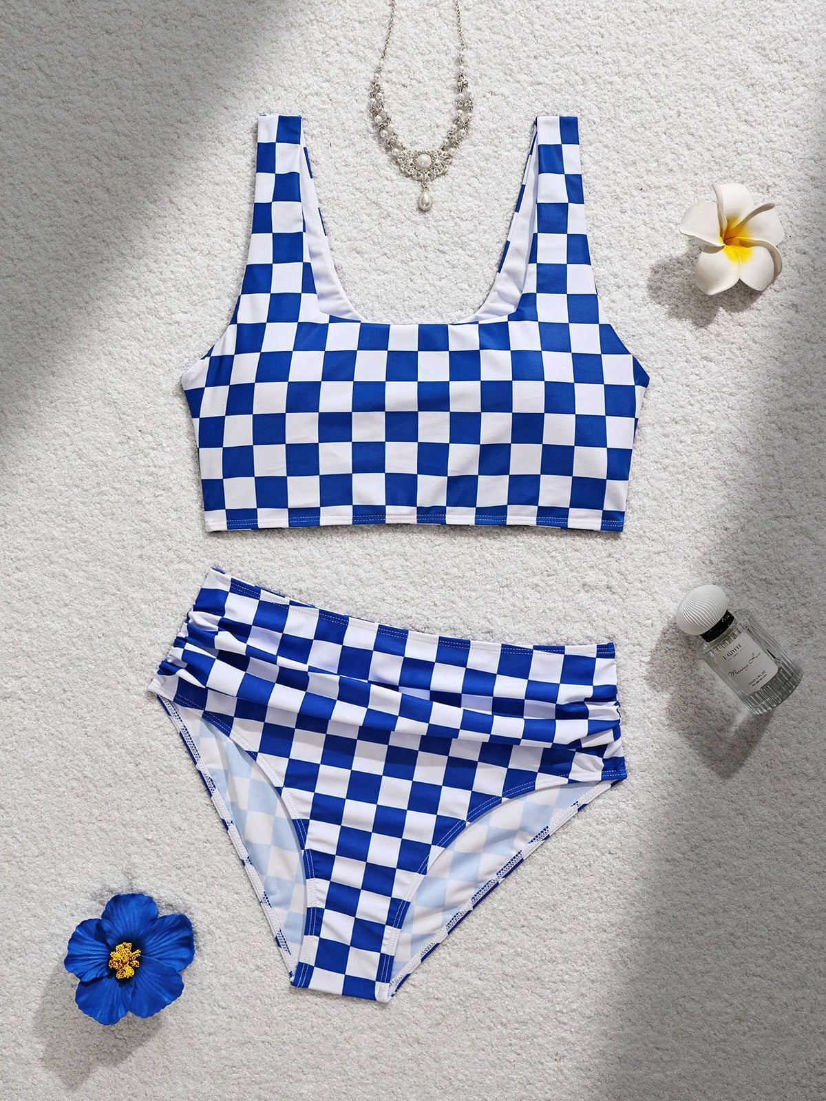 Swim Lushoire Women's Summer Beach Checkerboard Print Casual Bikini Swimwear Set Blue And White Striped
