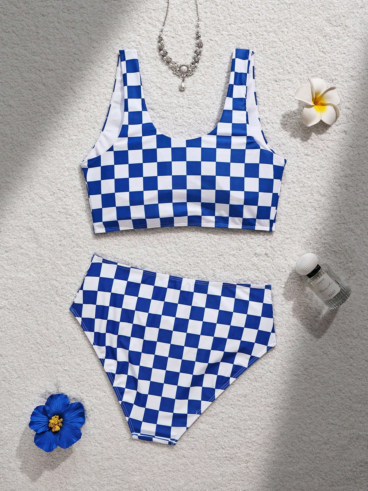 Swim Lushoire Women's Summer Beach Checkerboard Print Casual Bikini Swimwear Set Blue And White Striped