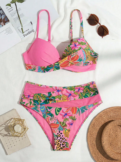 Swim Lushoire Women's Summer Beach Floral Print Spaghetti Strap Bikini Top And Triangle Bottom Two-Piece Swimsuit Set