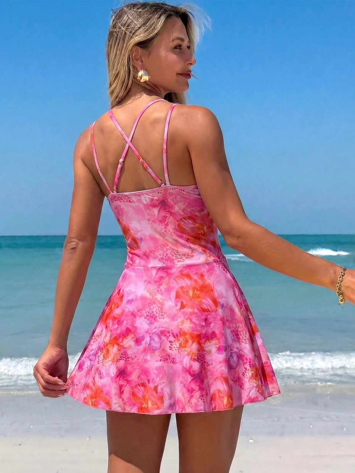 Swim Lushoire Women's Summer Beach Outfit, Floral Print Drawstring Criss-Cross Strap V-Neck Ruched Skort, Sexy Vacation Swim Skirt