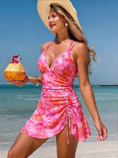 Swim Lushoire Women's Summer Beach Outfit, Floral Print Drawstring Criss-Cross Strap V-Neck Ruched Skort, Sexy Vacation Swim Skirt