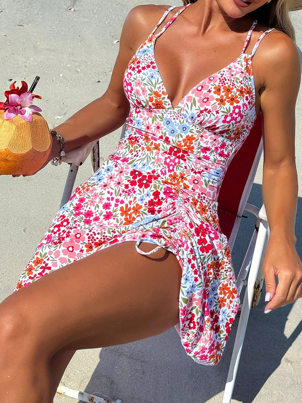 Swim Lushoire Women's Summer Beach Outfit, Floral Print Drawstring Criss-Cross Strap V-Neck Ruched Skort, Sexy Vacation Swim Skirt