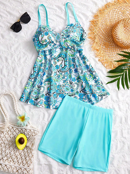 Swim Lushoire Women's Summer Beach Outfit, Paisley Random Print Camisole And Solid Color Shorts 2-Piece Swimwear, Suitable For Beach Holiday