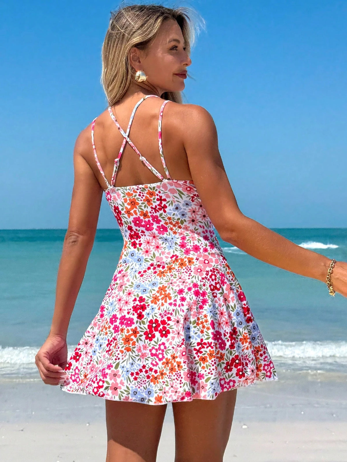 Swim Lushoire Women's Summer Beach Outfit, Floral Print Drawstring Criss-Cross Strap V-Neck Ruched Skort, Sexy Vacation Swim Skirt