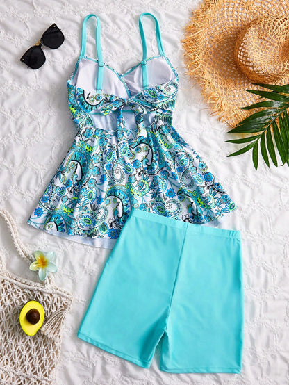 Swim Lushoire Women's Summer Beach Outfit, Paisley Random Print Camisole And Solid Color Shorts 2-Piece Swimwear, Suitable For Beach Holiday