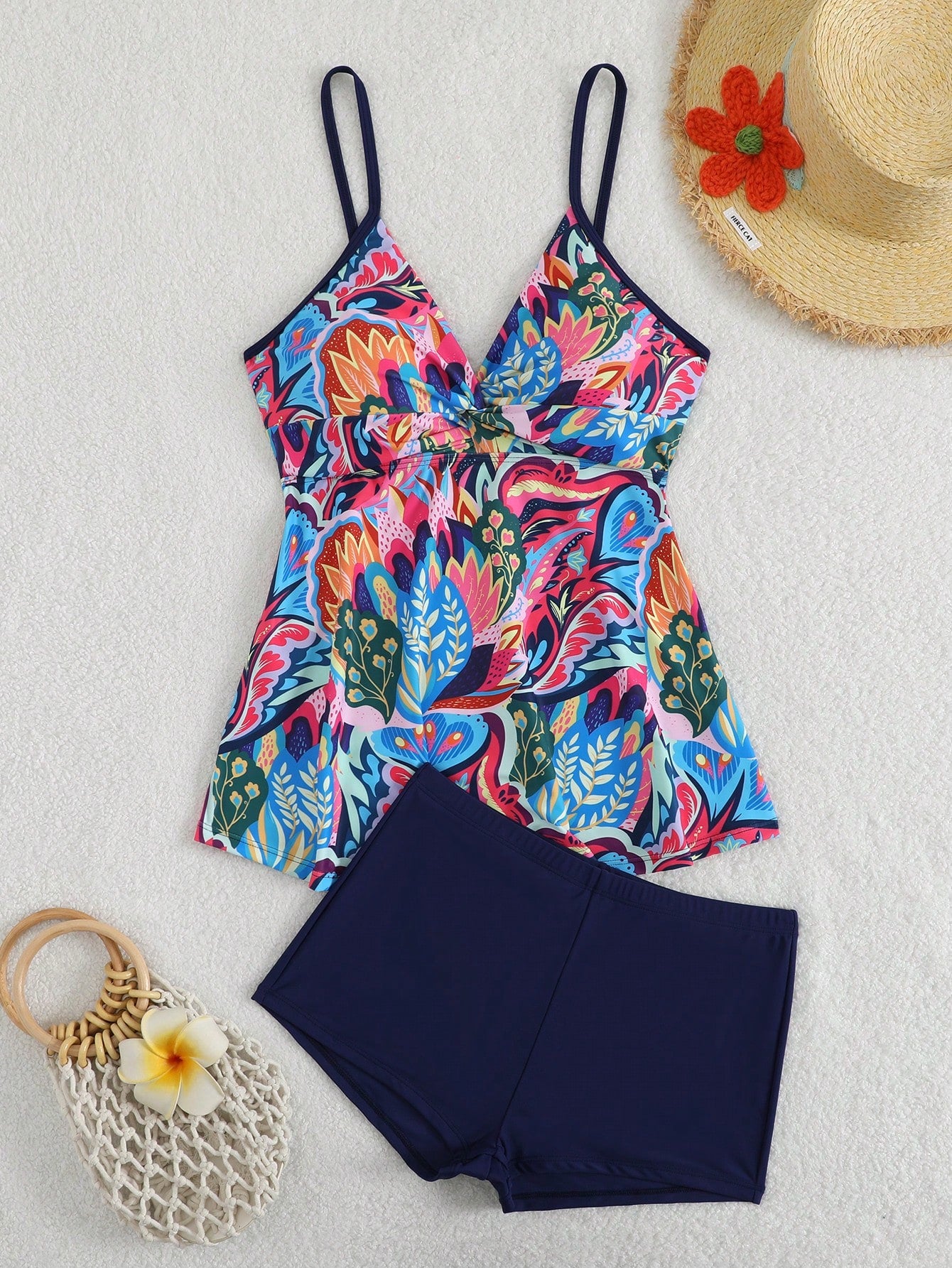 Swim Lushoire Women's Summer Beach Pool Party Vacation Floral Print Tankini Set, Random Print Blue Floral Navy Blue Tropical