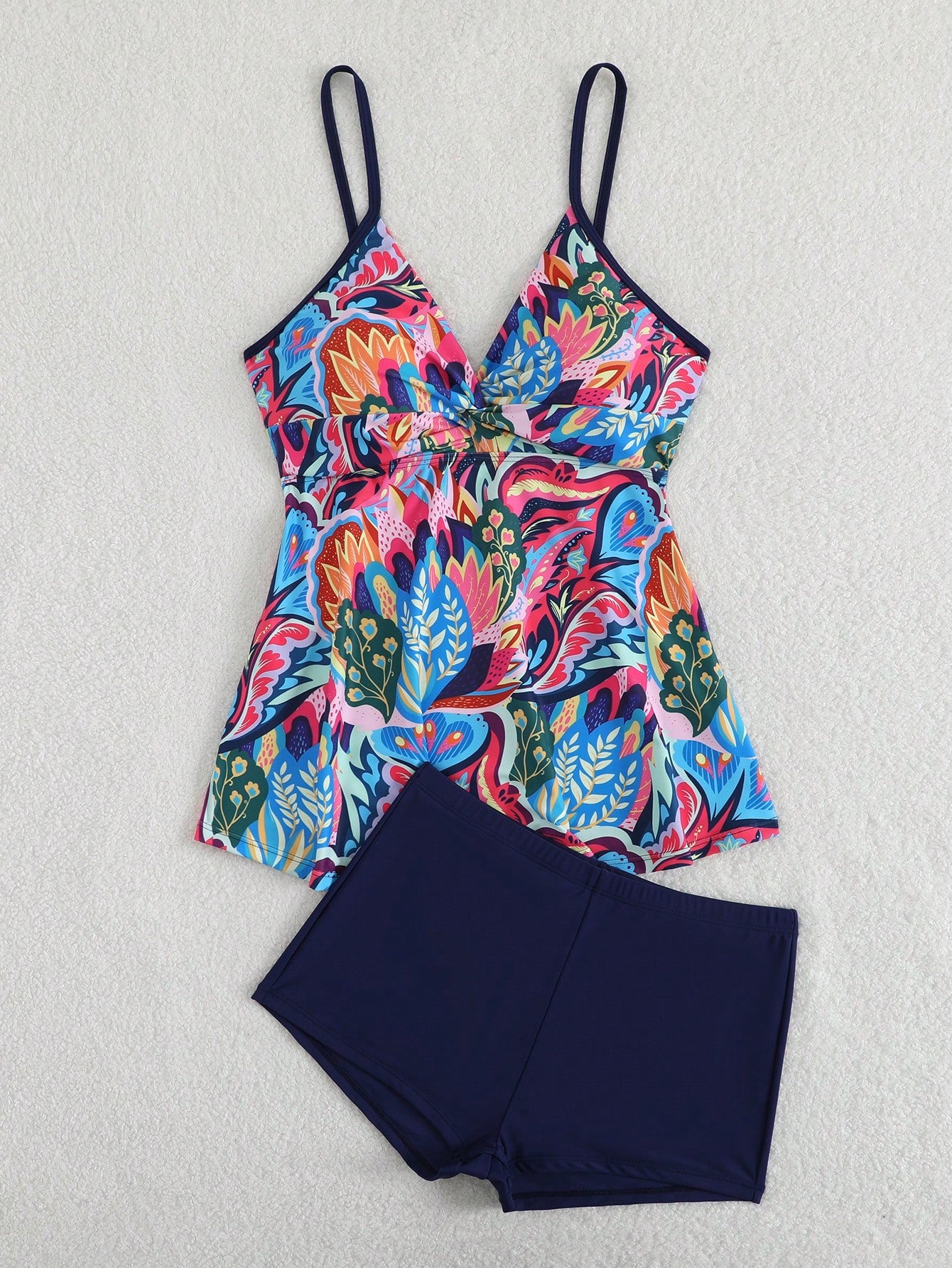 Swim Lushoire Women's Summer Beach Pool Party Vacation Floral Print Tankini Set, Random Print Blue Floral Navy Blue Tropical