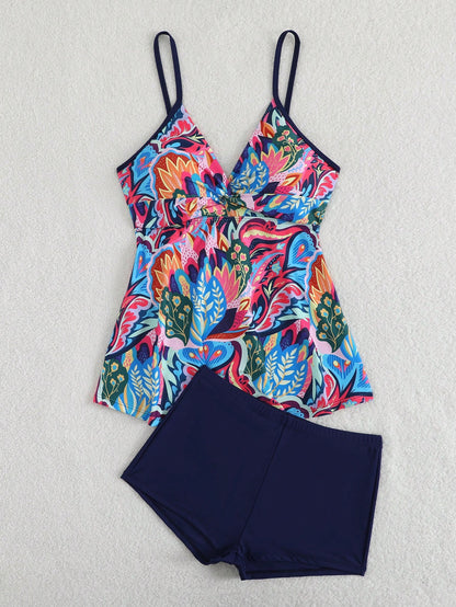 Swim Lushoire Women's Summer Beach Pool Party Vacation Floral Print Tankini Set, Random Print Blue Floral Navy Blue Tropical
