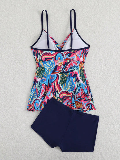 Swim Lushoire Women's Summer Beach Pool Party Vacation Floral Print Tankini Set, Random Print Blue Floral Navy Blue Tropical