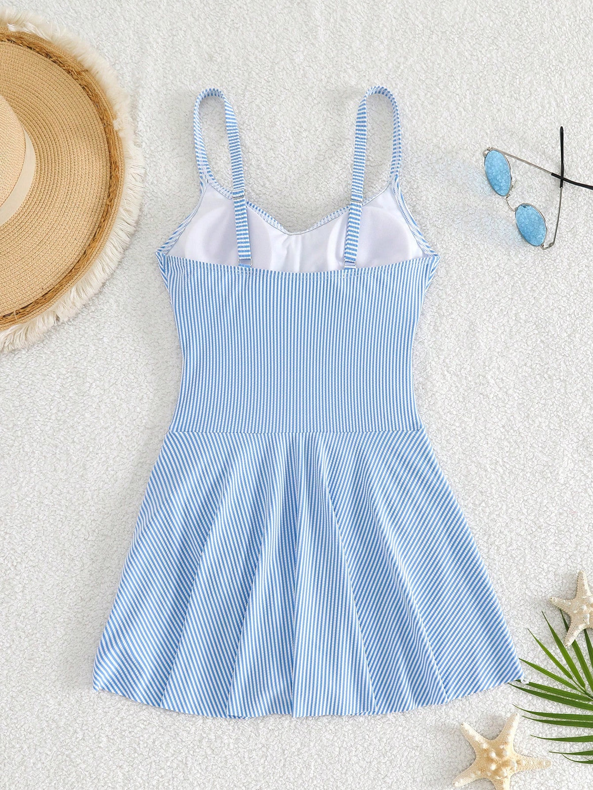 Swim Lushoire Women's Summer Beach Vacations Blue And White Striped Crisscross Swim Dress,Modest, Casual, And Elegant Swimwear