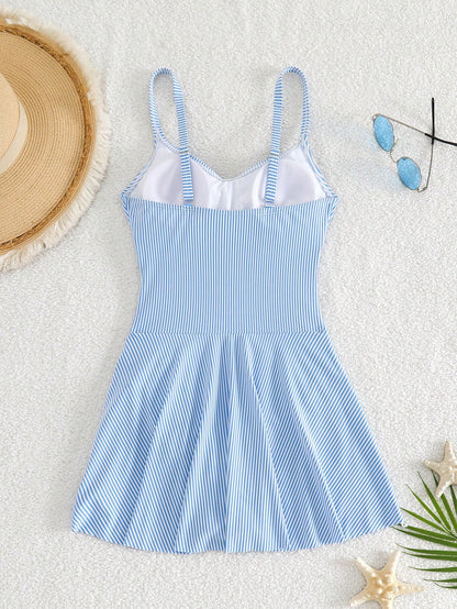 Swim Lushoire Women's Summer Beach Vacations Blue And White Striped Crisscross Swim Dress,Modest, Casual, And Elegant Swimwear