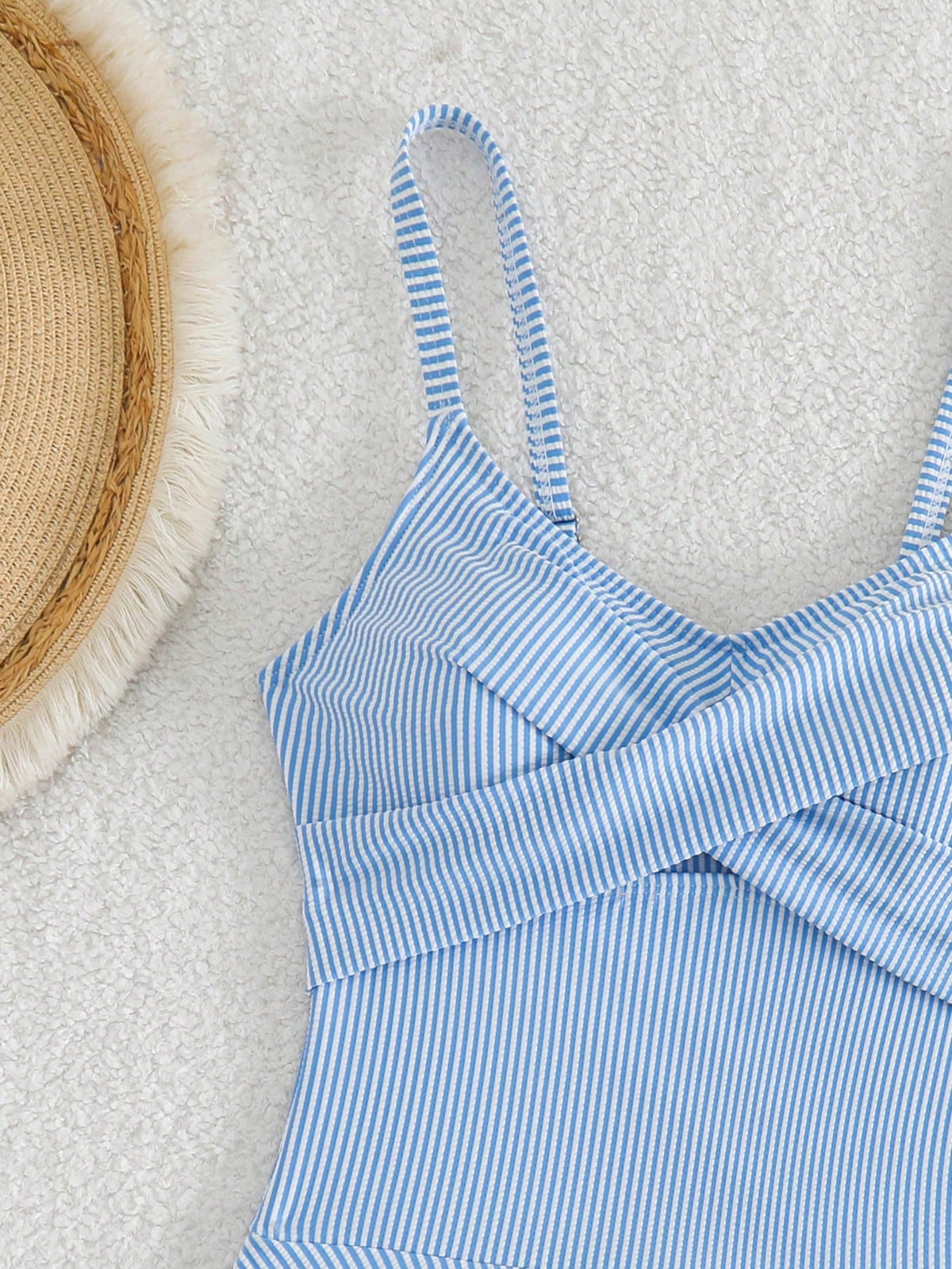 Swim Lushoire Women's Summer Beach Vacations Blue And White Striped Crisscross Swim Dress,Modest, Casual, And Elegant Swimwear